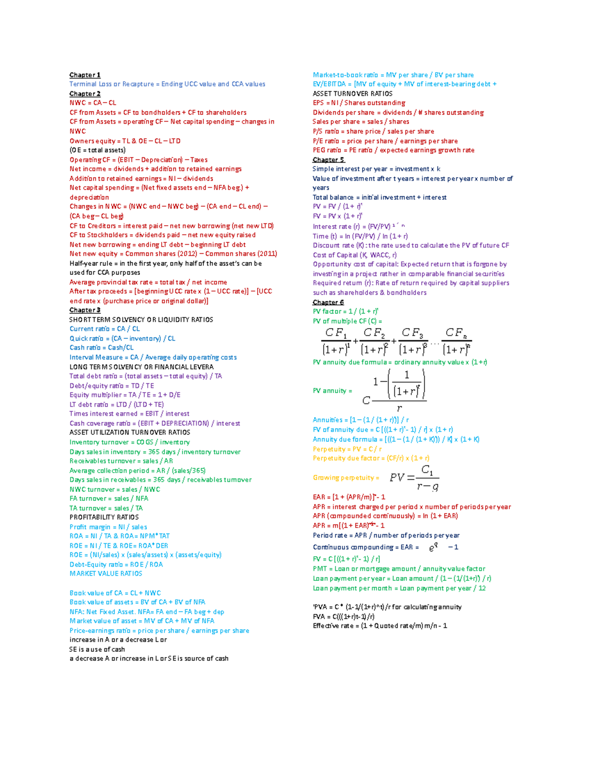 Docx Formulas for 203 Chapter 1 Terminal Loss or Recapture = Ending