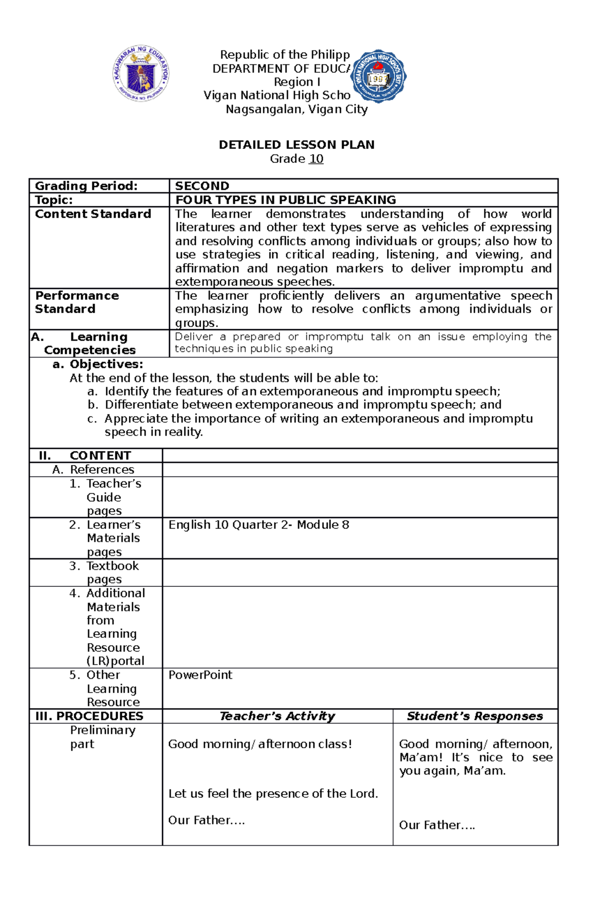 Four types of public speaking - Republic of the Philippines DEPARTMENT ...