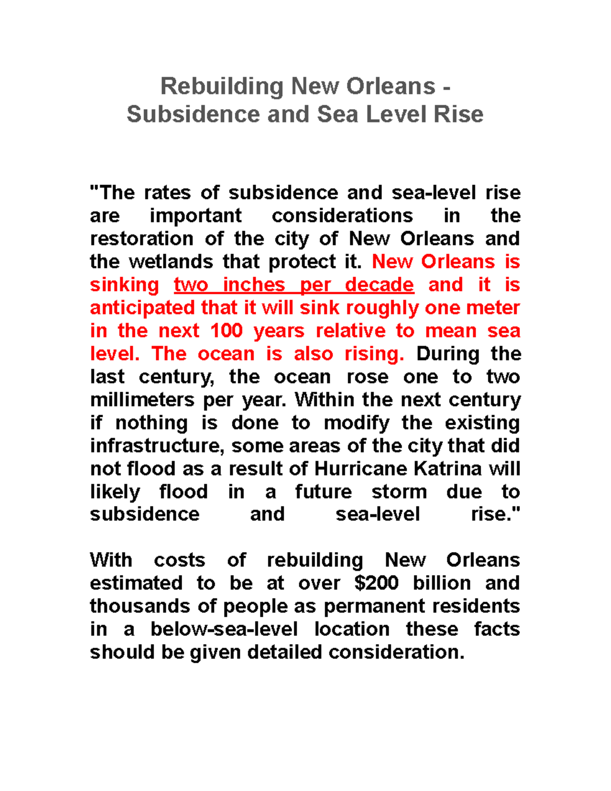 Rebuilding New Orleans New Orleans is sinking two inches per decade