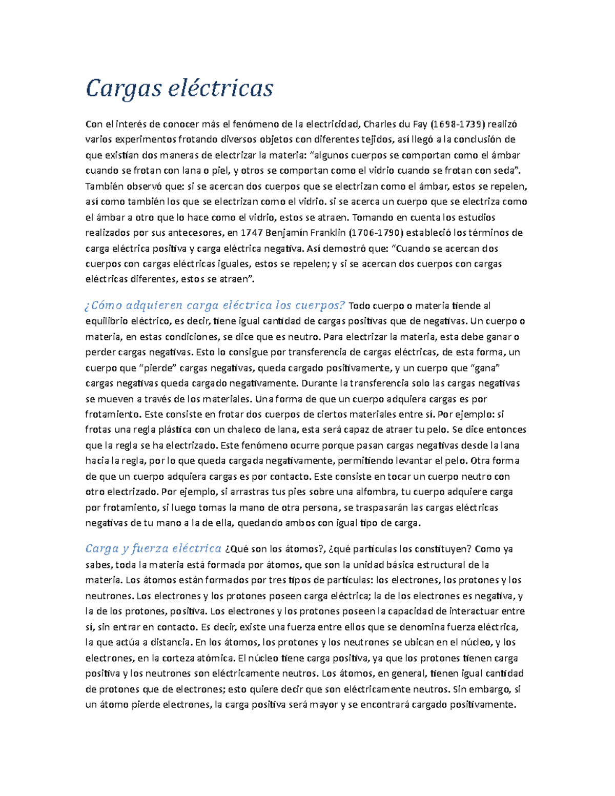 Cargas electricas resumen libro de texto Cargas eléctricas Con el