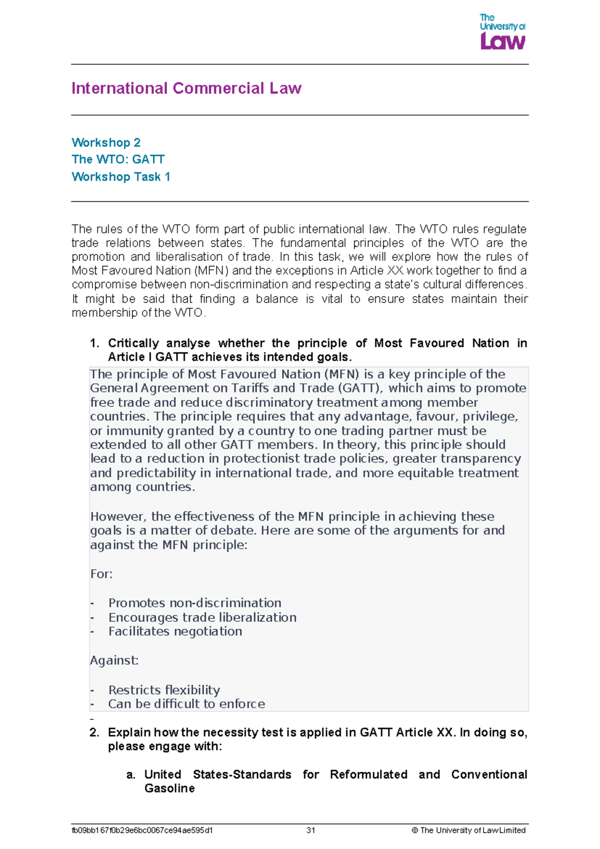 ICL Workshop notes ws2 - International Commercial Law Workshop 2 The ...