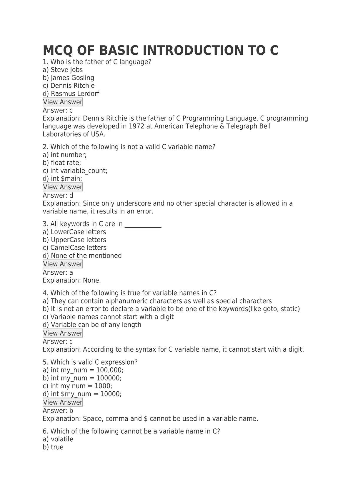 MCQ OF Basic Introduction TO C - MCQ OF BASIC INTRODUCTION TO C 1. Who ...