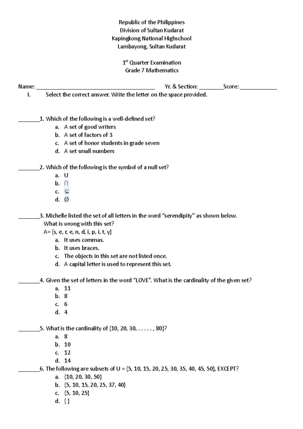 Math 1st Q Exam Hehehe Readings In Philippine History Ge 111 Studocu