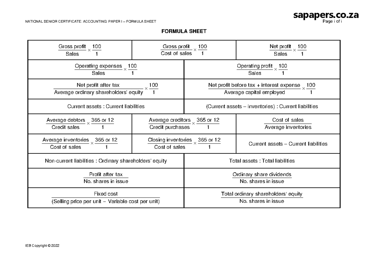Accounting P1 Formula Sheet 2022 - NATIONAL SENIOR CERTIFICATE ...