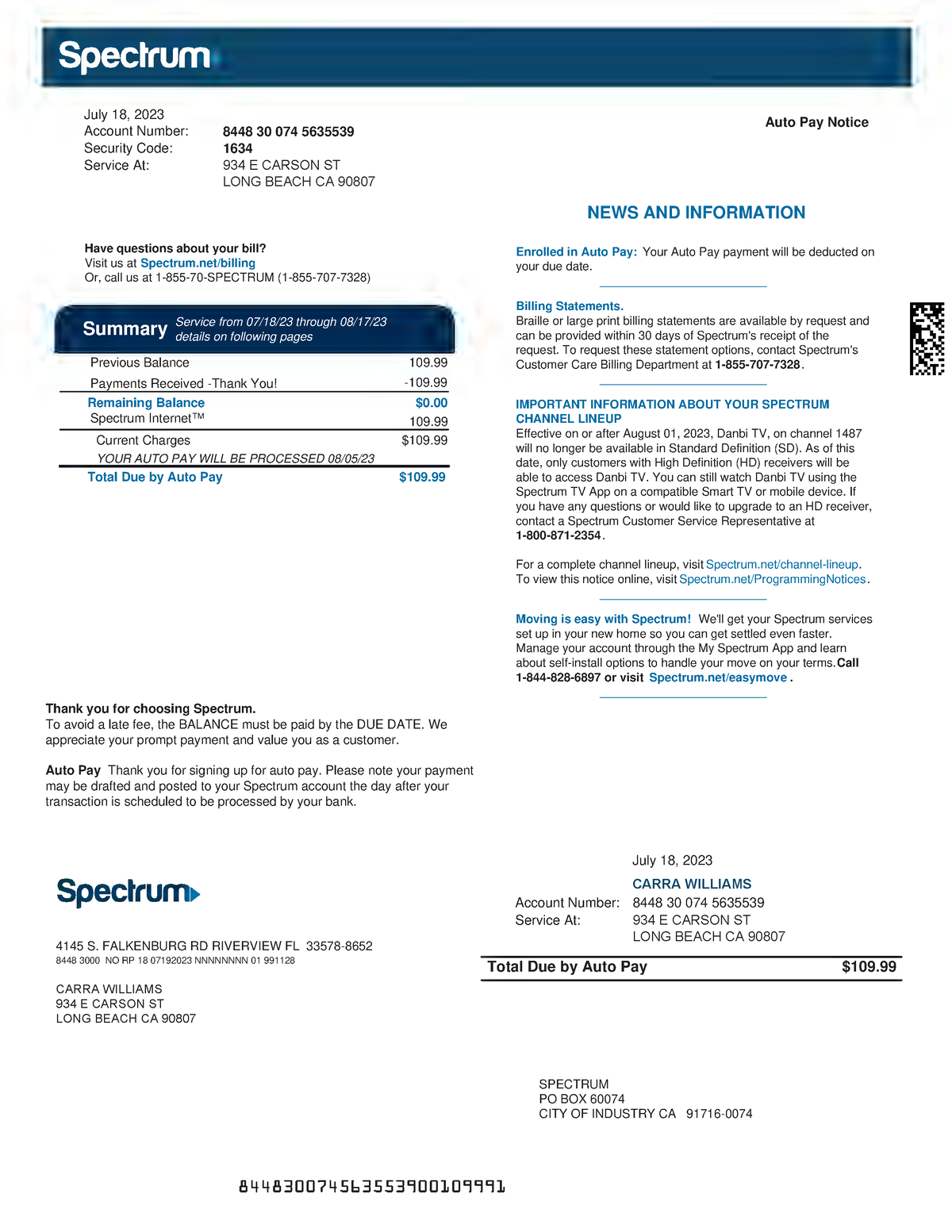 Carra Williams Spectrum - July 18, 2023 Account Number: Security Code ...