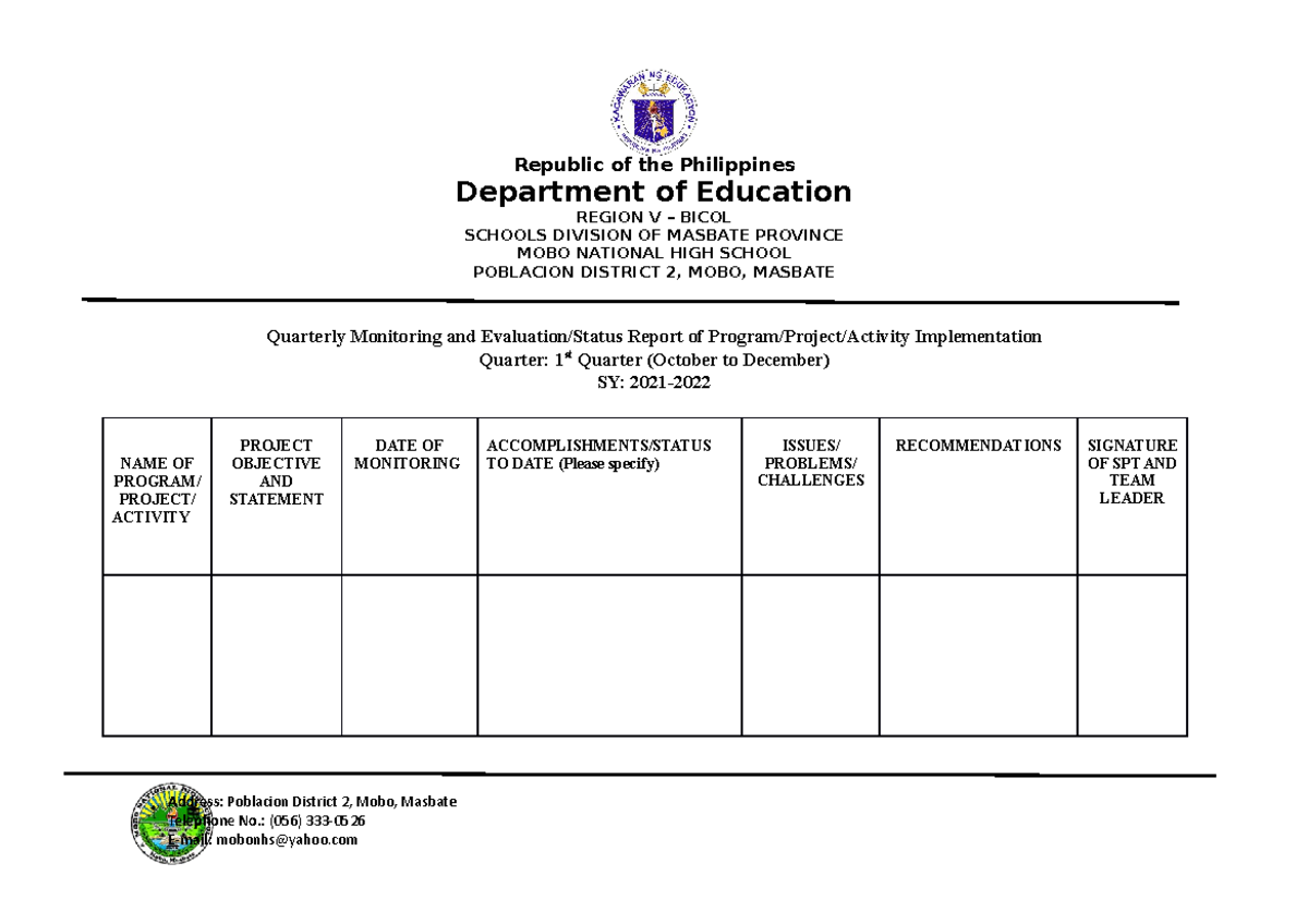 Blank-Form Statusreport - Republic of the Philippines Department of ...