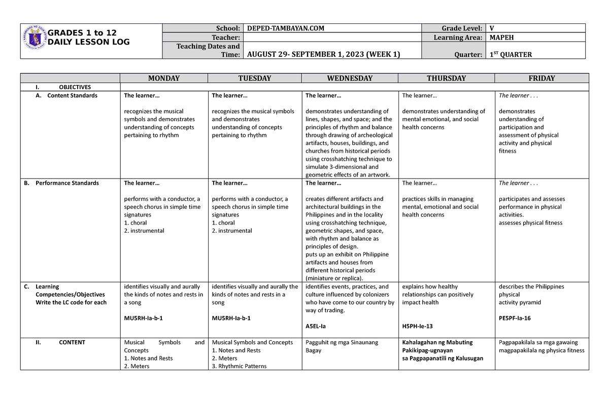 DLL Mapeh 5 Q1 W1 - GRADES 1 To 12 DAILY LESSON LOG School: DEPED ...