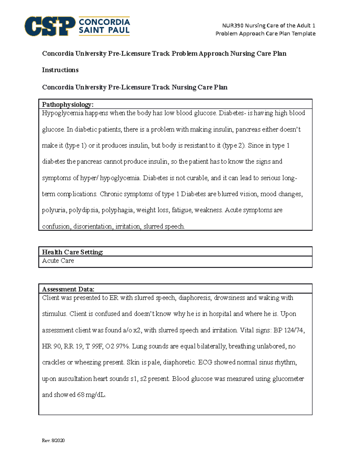 Care plan hypoglycemia for vsims patient week 3 Concordia University