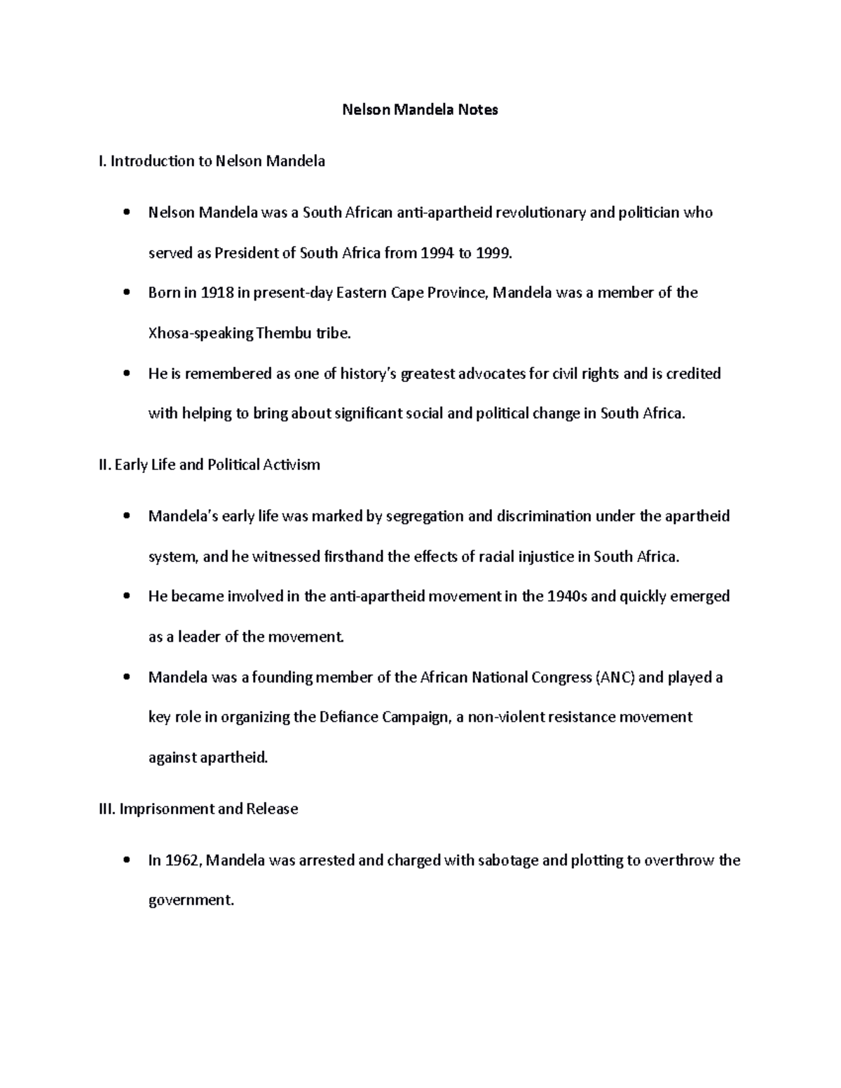 Nelson Mandela Notes - Introduction to Nelson Mandela Nelson Mandela ...