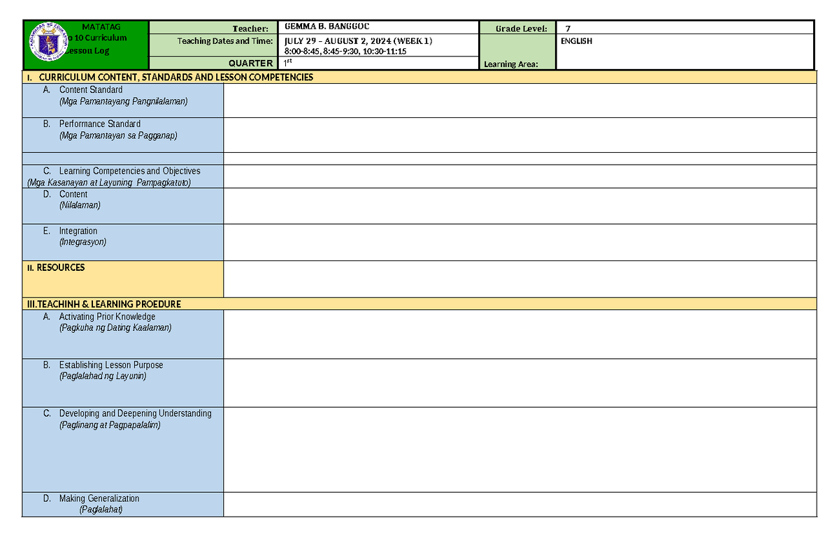 Matatag-DLL - Matatag DLL sample format - MATATAG K to 10 Curriculum ...