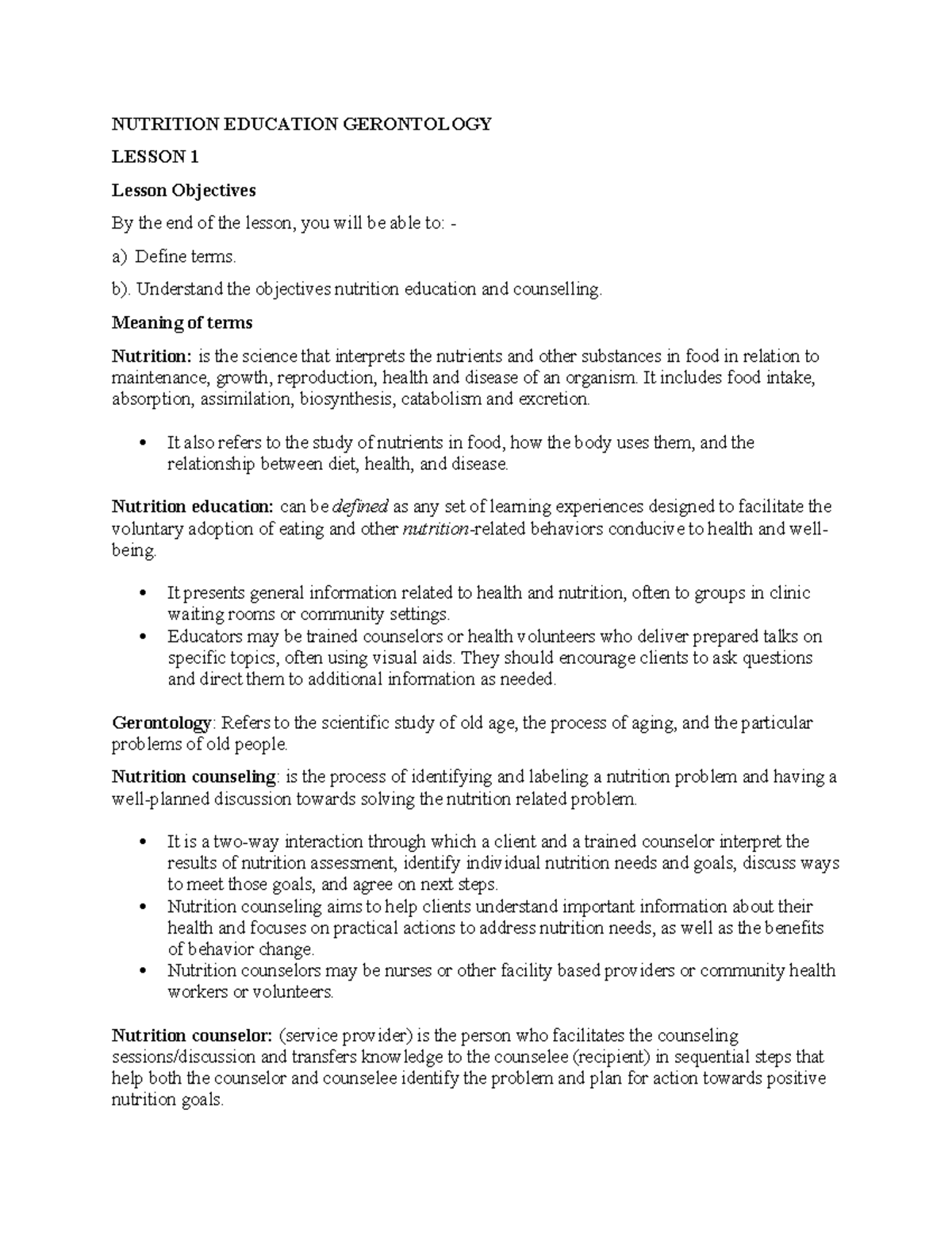 Nutrition Education Gerontology - NUTRITION EDUCATION GERONTOLOGY ...