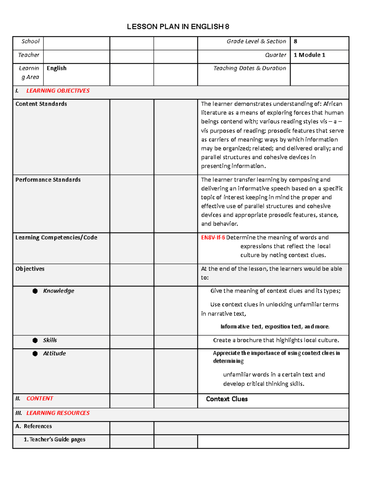 Dlp-eng - Lesson Log - Lesson Plan In English 8 School Grade Level 