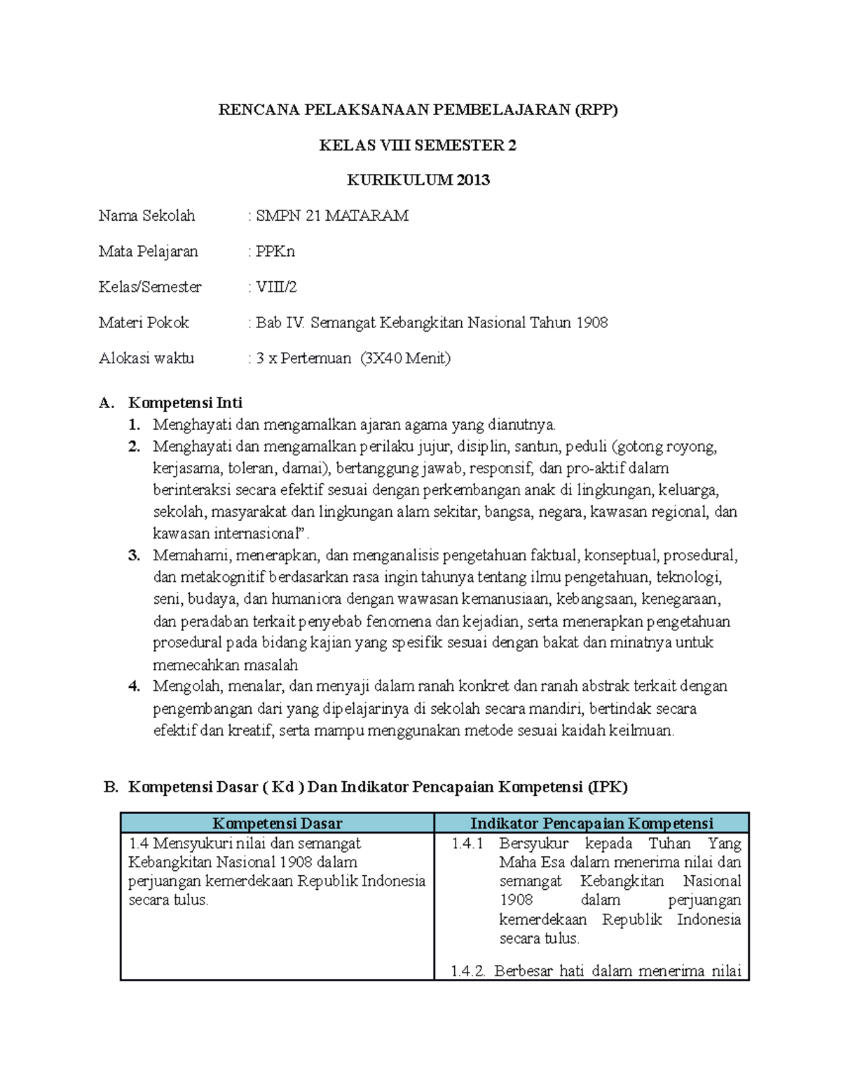 RPP K13 AYU - Rpp - RENCANA PELAKSANAAN PEMBELAJARAN (RPP) KELAS VIII ...