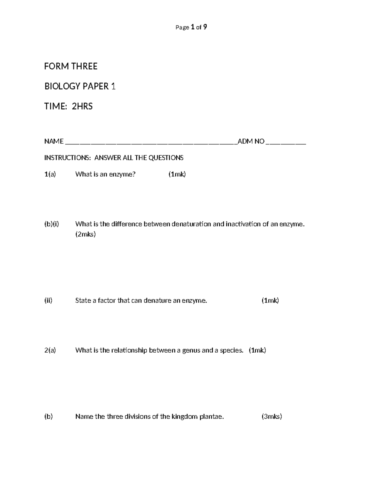 Biology FORM 3 PP1 - for teachers and students - FORM THREE BIOLOGY ...