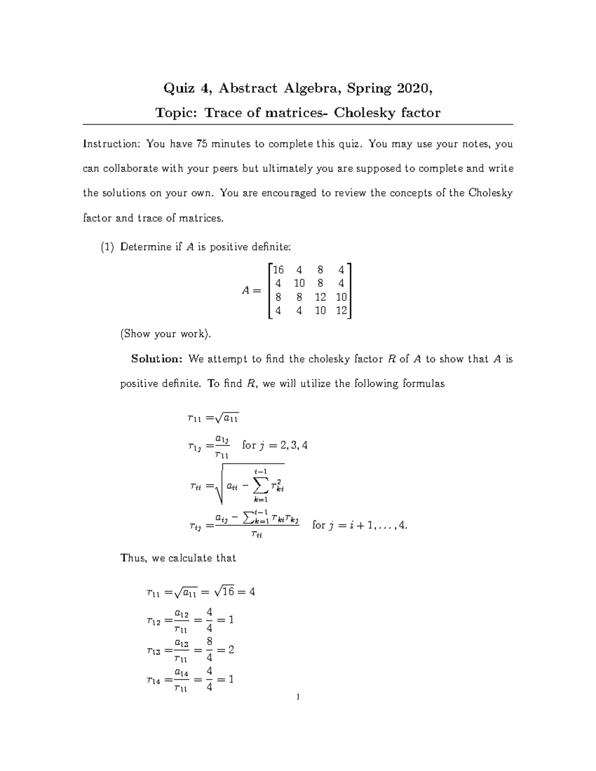 Quiz4 - Trace of matrices- Cholesky factor - Quiz 4, Abstract Algebra ...