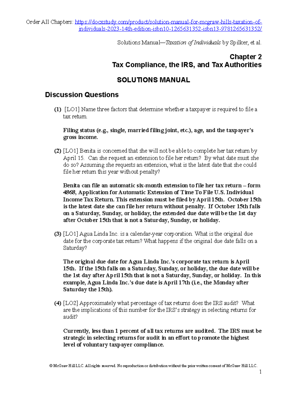 Solution Manual for McGrawHill’s Taxation of Individuals 2023 14th