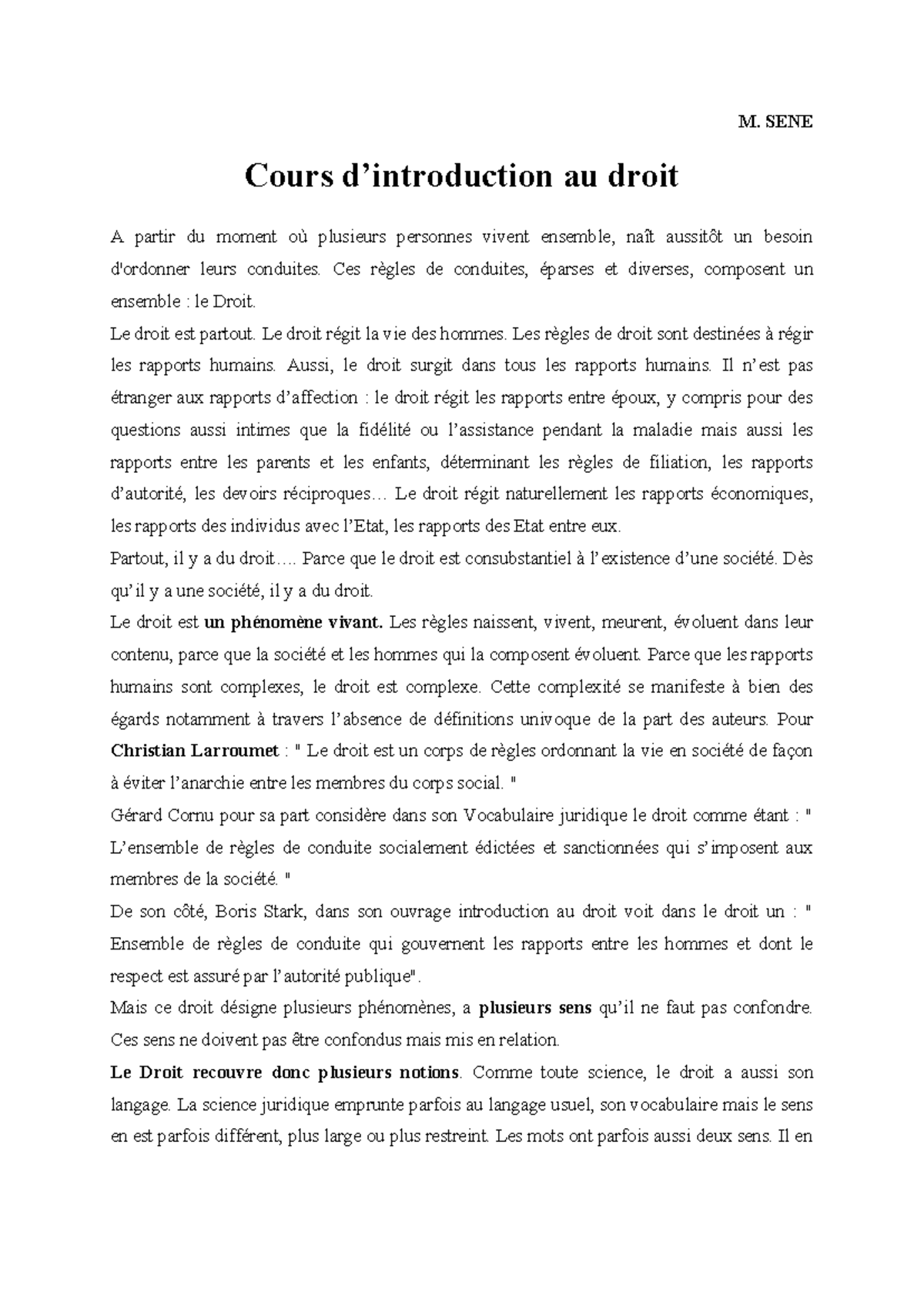 COUR introduction au droit - M. SENE Cours d’introduction au droit A ...
