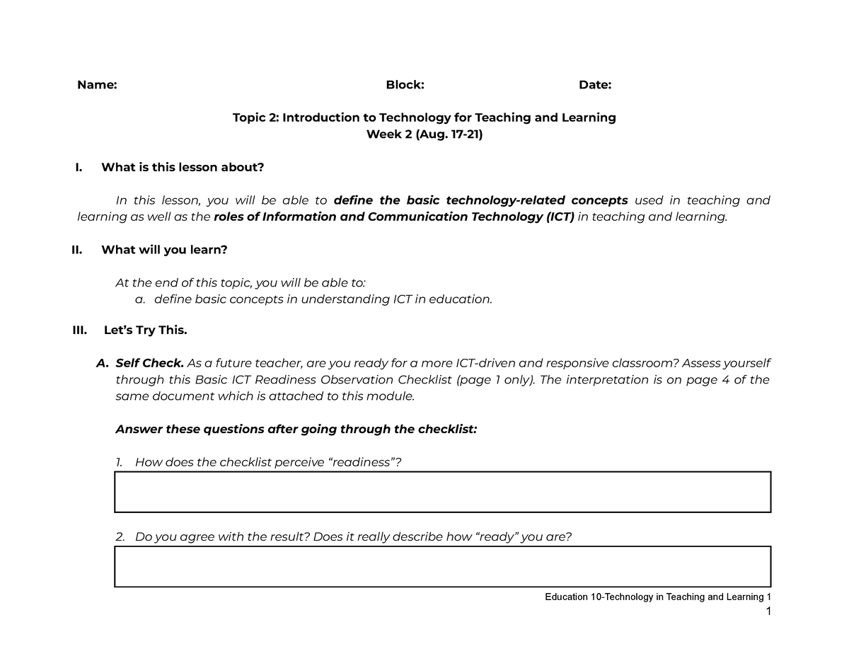 Topic-2-TTL - Tech. For Teaching And Learning 1 - Name: Block: Date ...