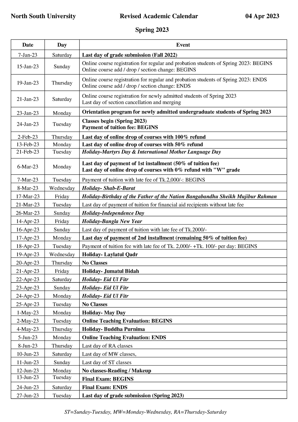 5 240 Revised Academic Calendar Spring 2023 04 April 2023 North South 