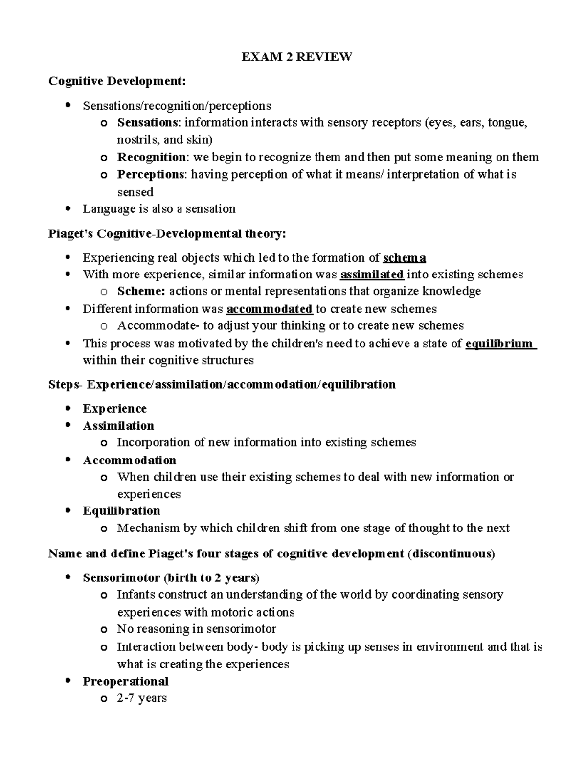 Review for Exam 2 - EXAM 2 REVIEW Cognitive Development: Sensations ...