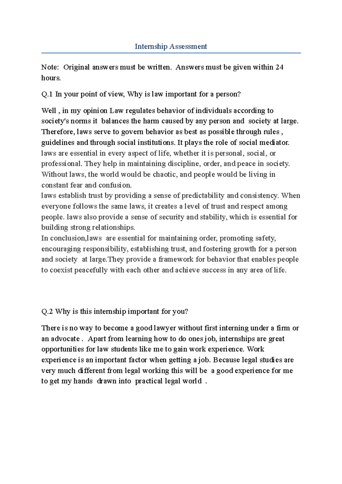 Internship Assessment - Internship Assessment Note: Original answers ...