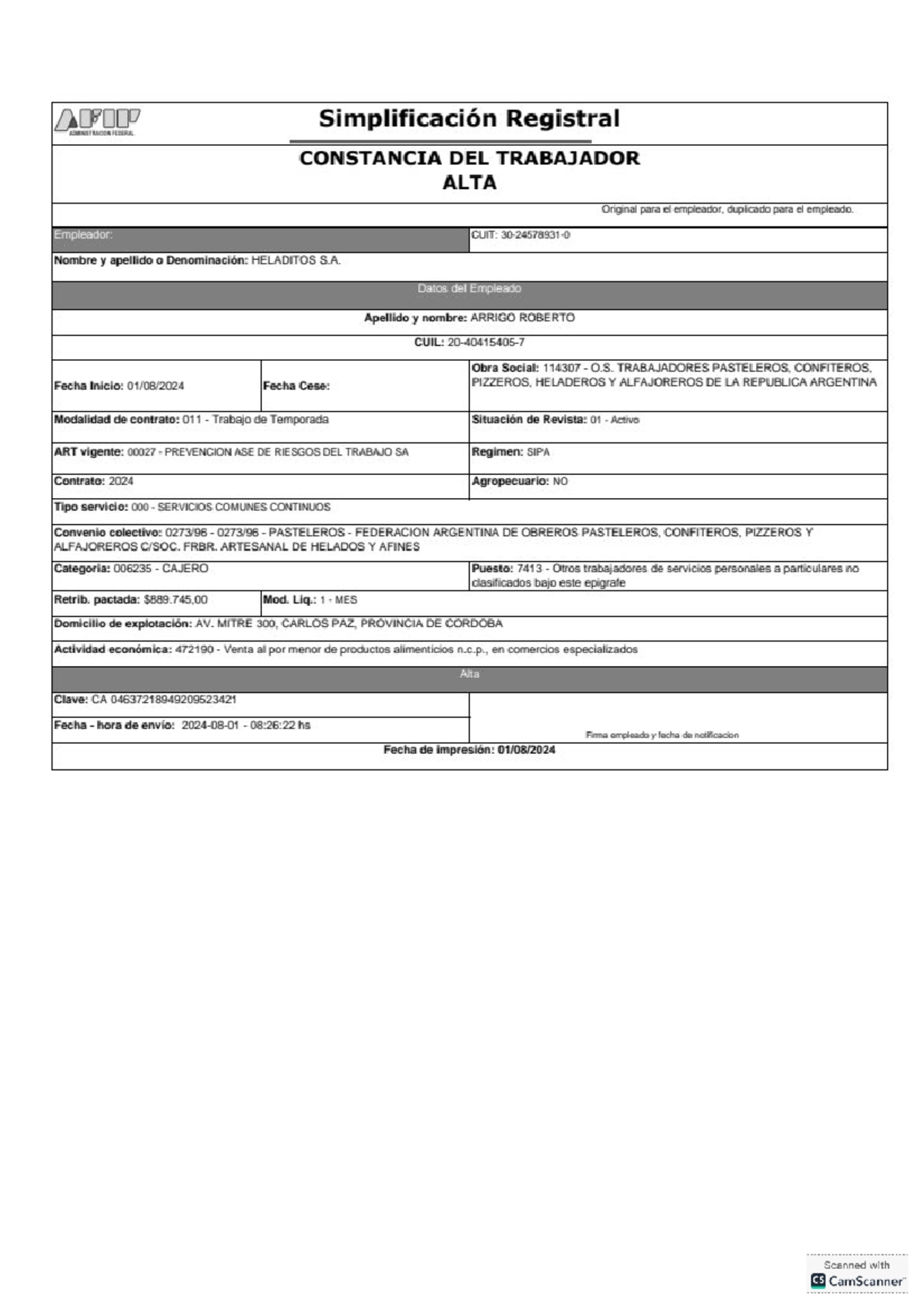 Formulario AFIP - ALTA Trabajador Empleados - Simplificación Registral ...