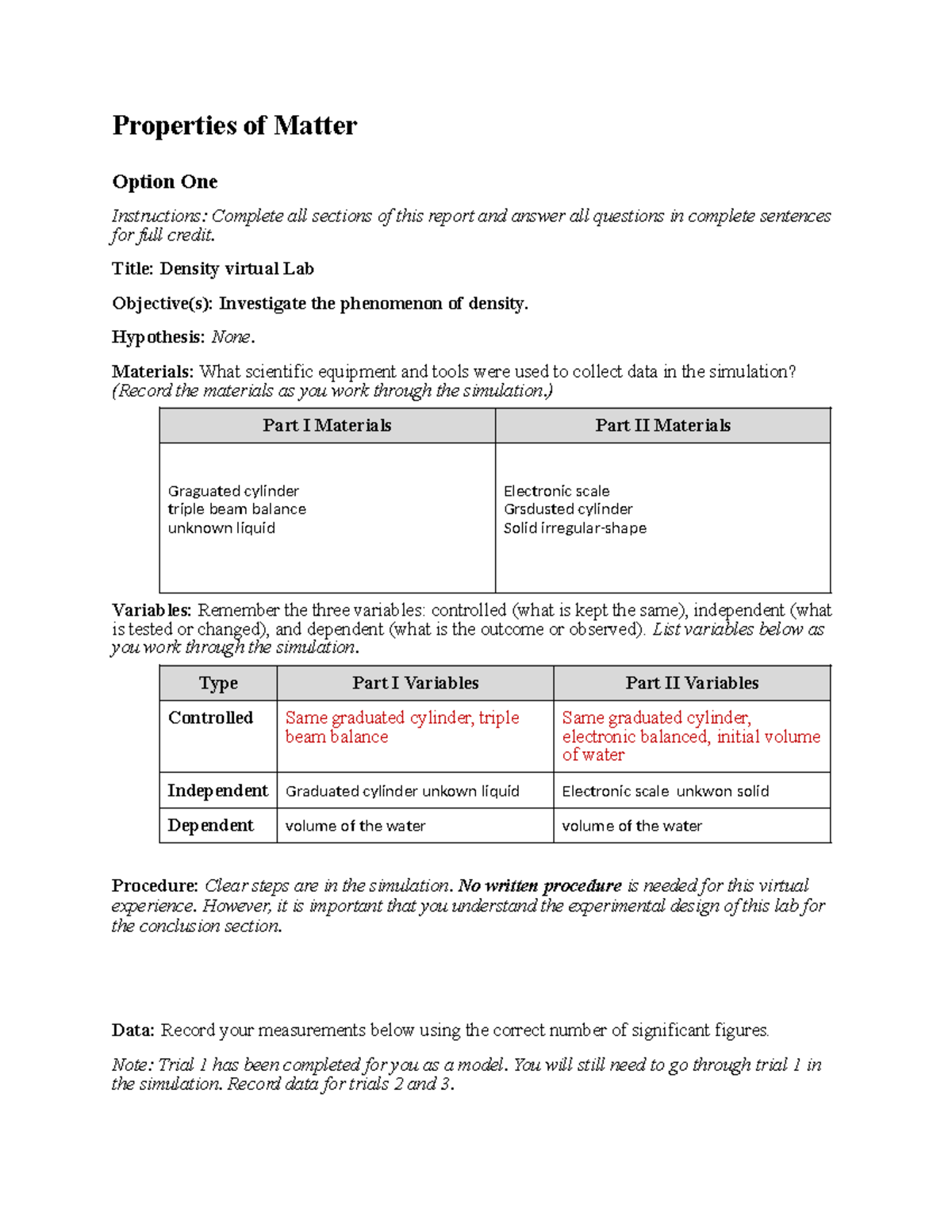 Properties matter option one report Properties of Matter Option One