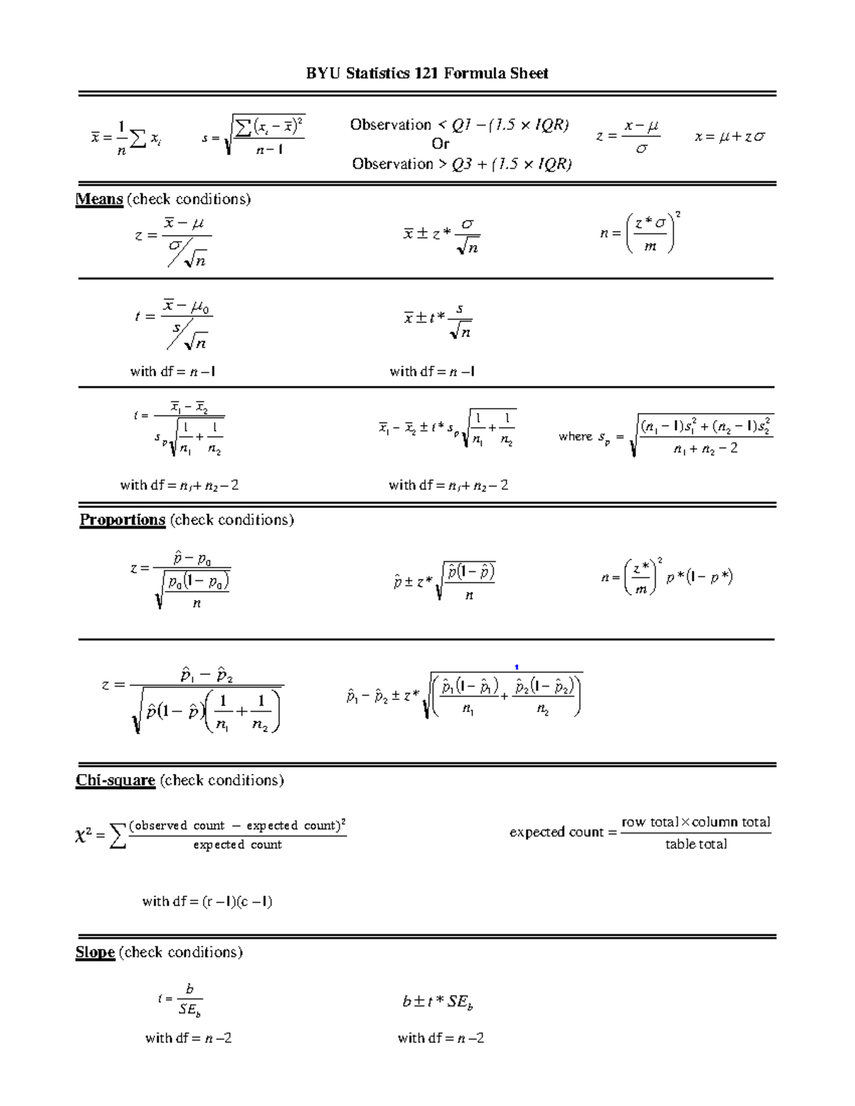 121 Formula Sheet 2021 - Lecture notes 1 - − = x z BYU Statistics 121 ...