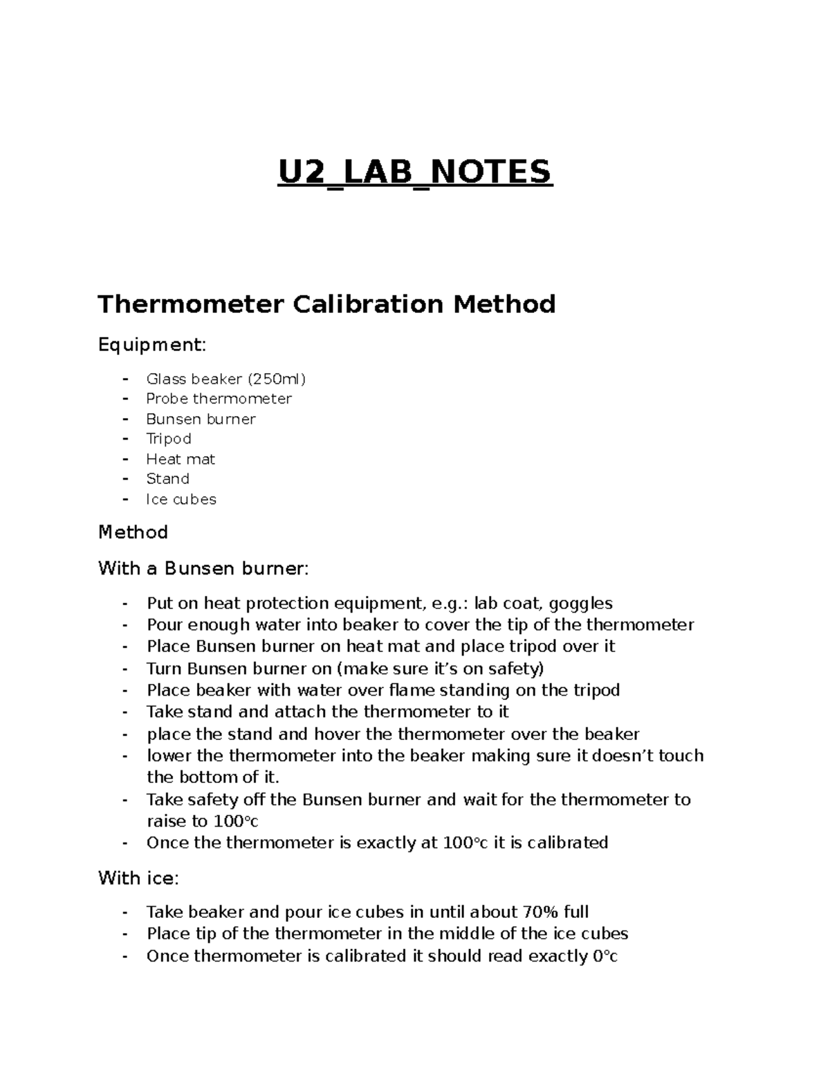 U2 LAB Notes - scientific report - U2_LAB_NOTES Thermometer Calibration ...
