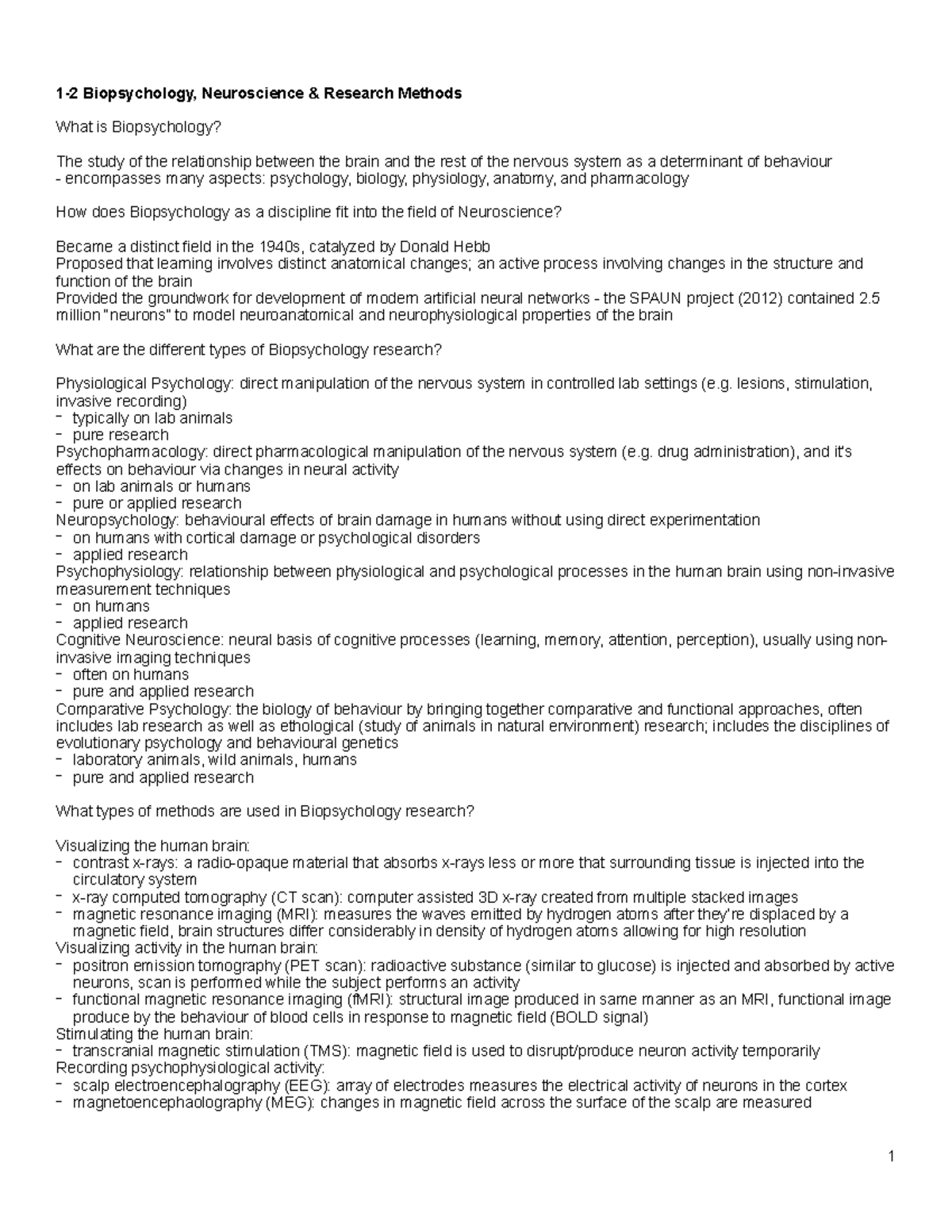 PSYC271 Brain/Behaviour Notes - 1-2 Biopsychology, Neuroscience ...