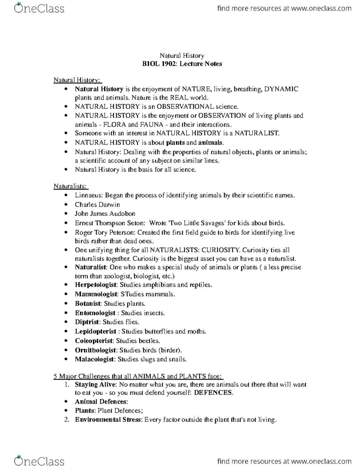 BIOL1902Full Notes - Summary Natural History - Natural History BIOL ...