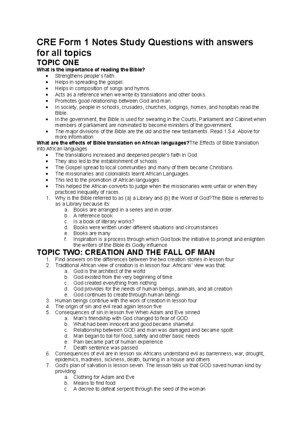 CRE Form 1 Notes Study Questions with answers for all topics - Helps in ...