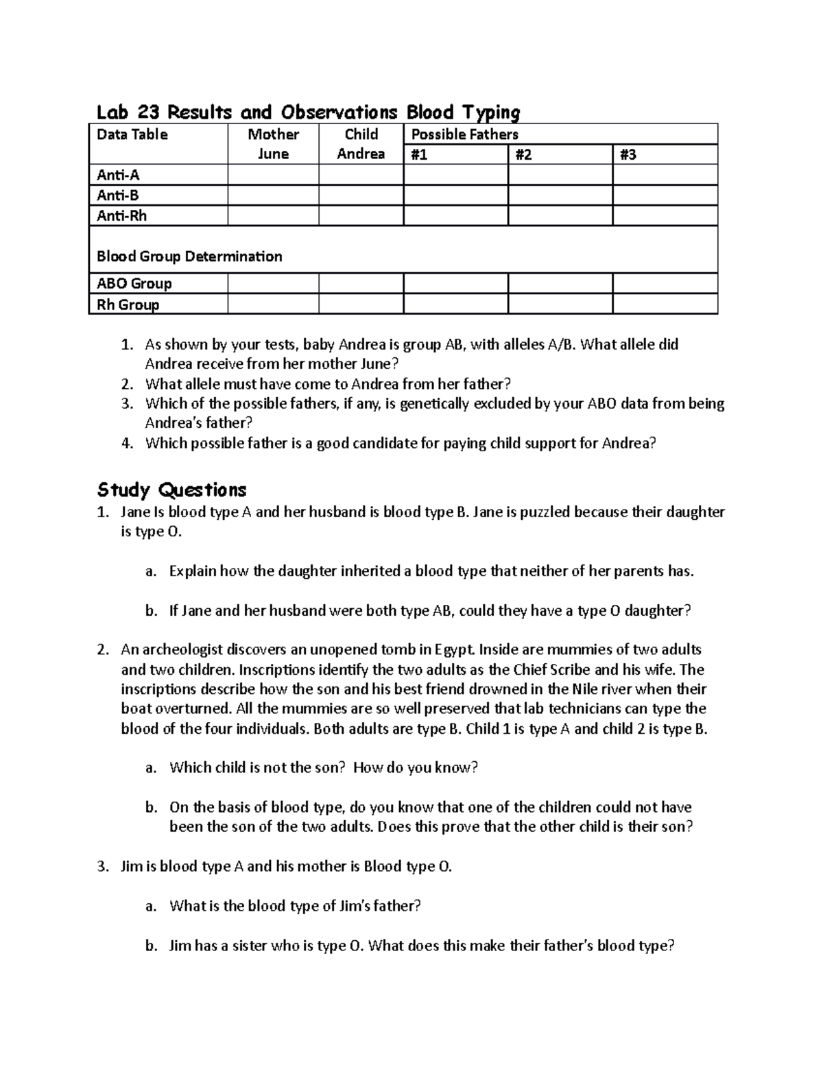 Lab 23 Study Questions Blood Typing (1) - Lab 23 Results and ...