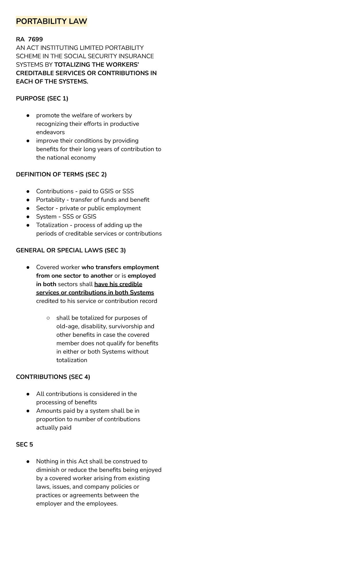 LAW Final EXAM Reviewer - PORTABILITY LAW RA 7699 AN ACT INSTITUTING ...