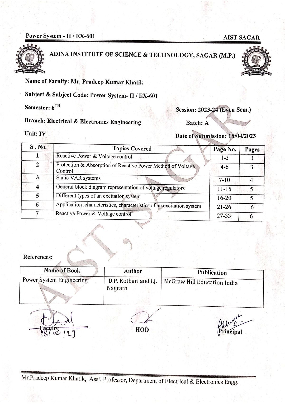 EX-601 ,Power System-II, Unit-IV - Power System II - RGPV - Studocu