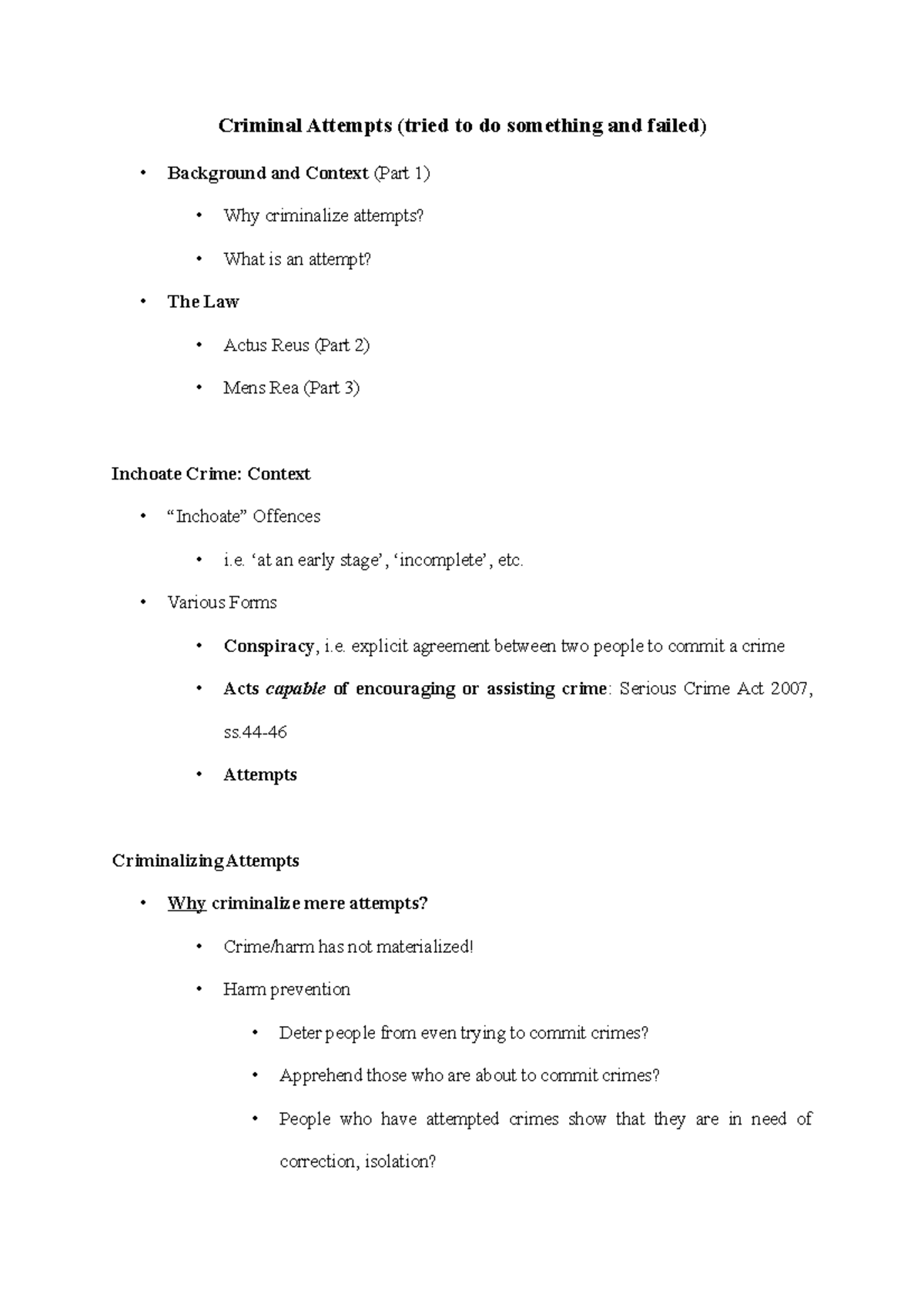 Notes Criminal Attempts - Criminal Attempts (tried to do something and ...
