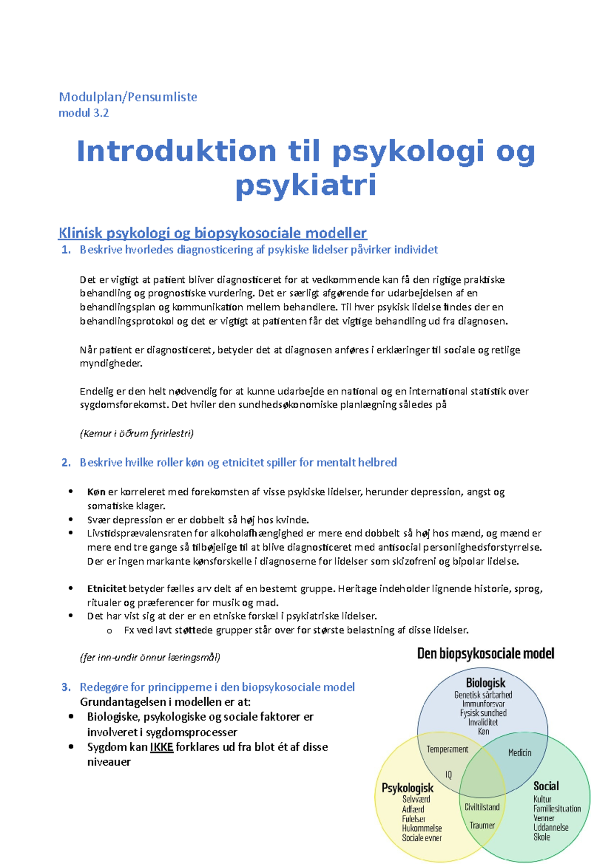 Pensum 3.2. - Introduktion Til Psykologi Og Psykiatri - Modulplan ...