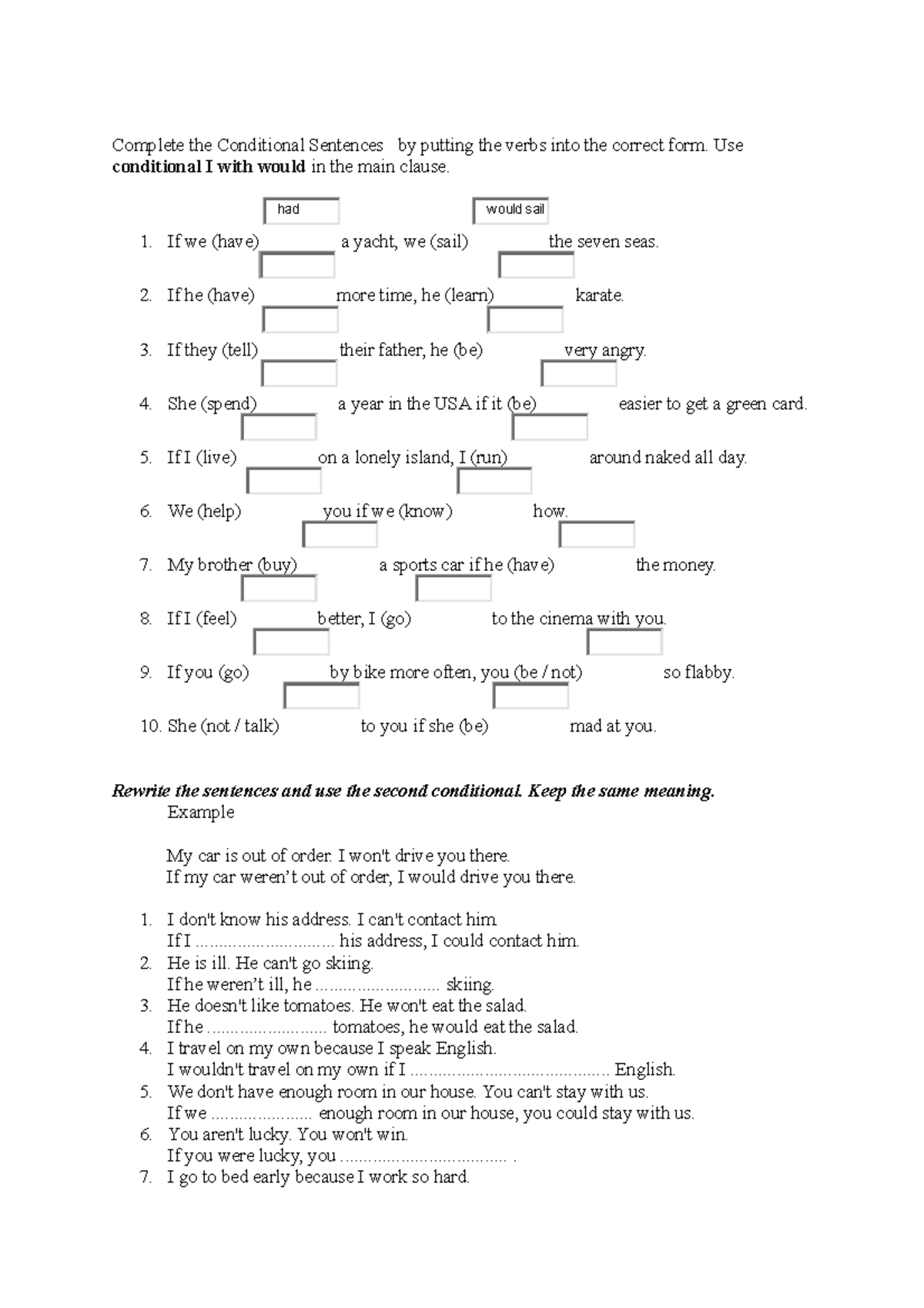 Exercises Conditional Sentences Complete The Conditional Sentences