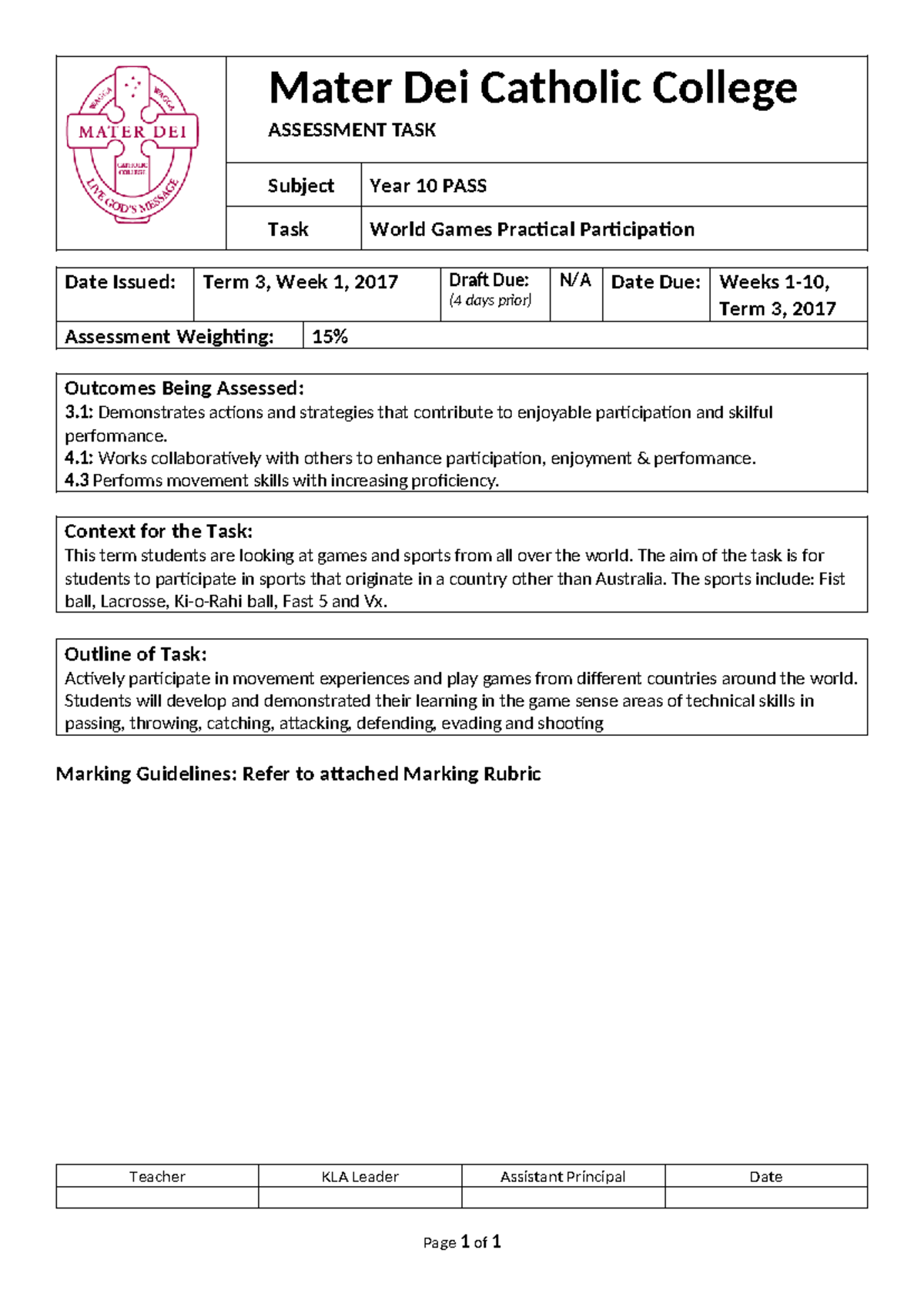 10 pass world games practical 2017 - Mater Dei Catholic College ...