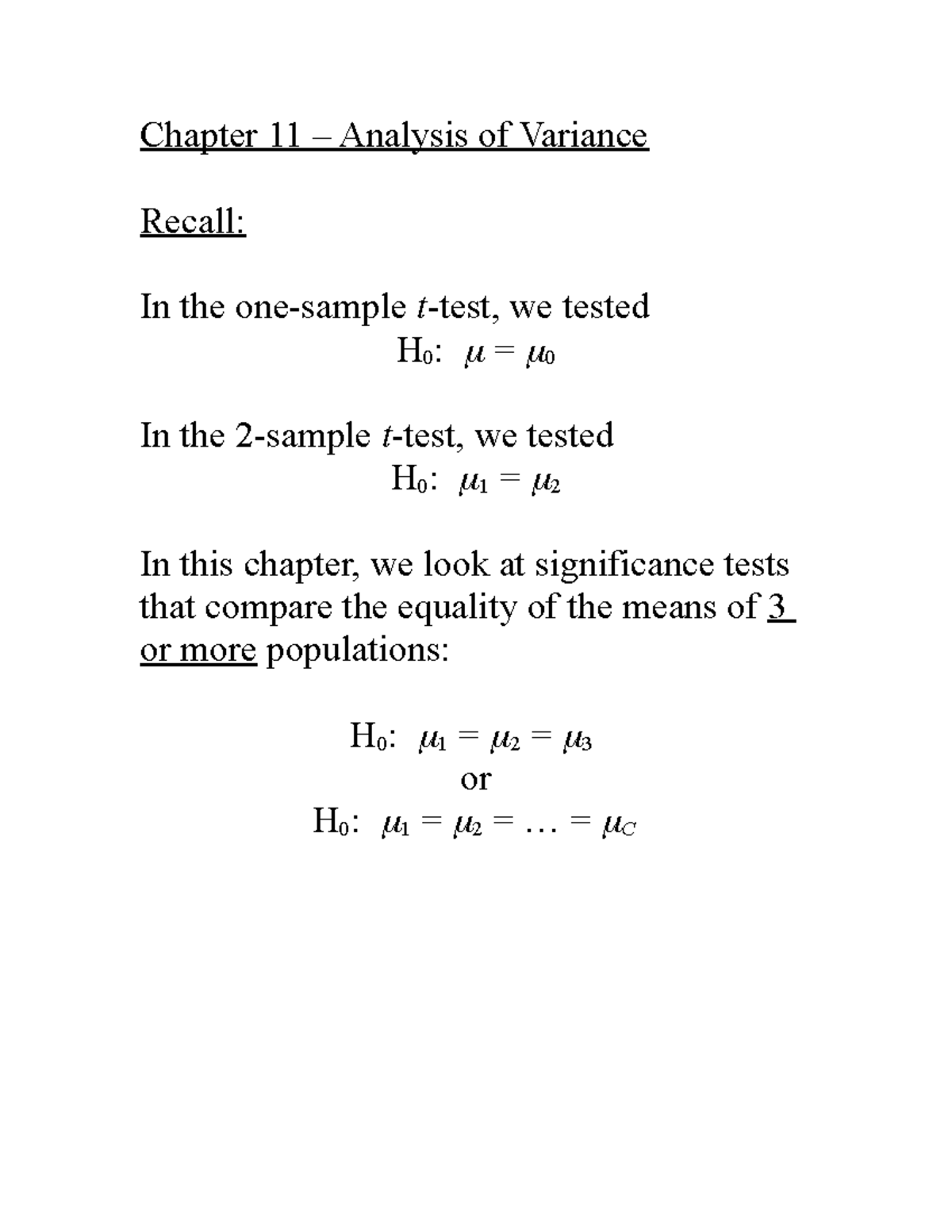 Section+11 - Chapter 11 – Analysis of Variance Recall: In the one ...