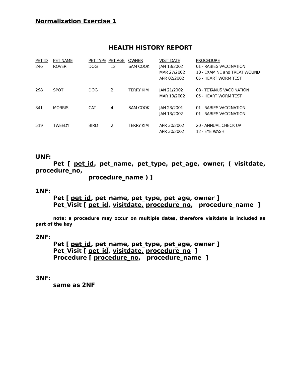 Normalization Exercise 1 Health History Report