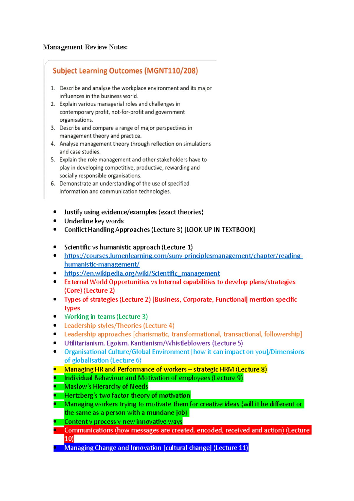 Management Exam Notes - Management Review Notes: Justify using evidence ...