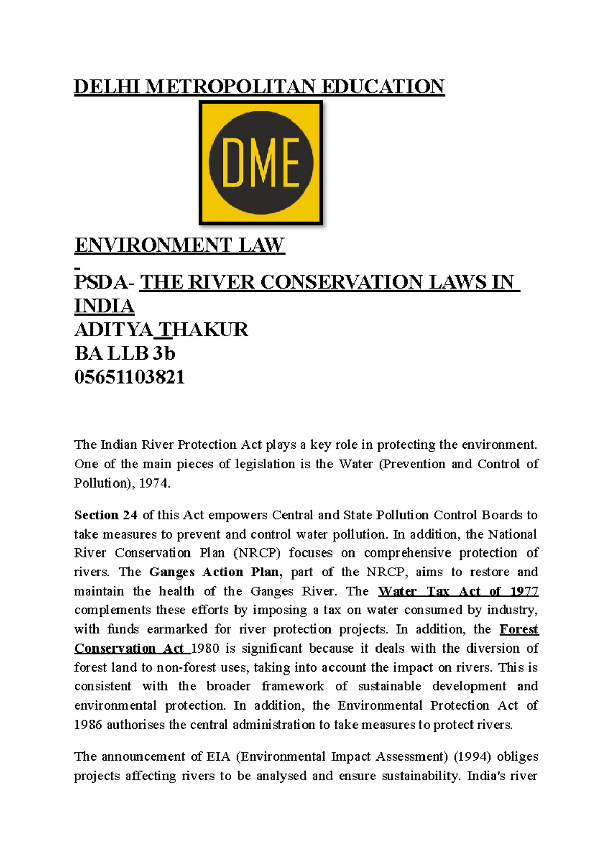 Environment psda - Notes - DELHI METROPOLITAN EDUCATION ENVIRONMENT LAW ...