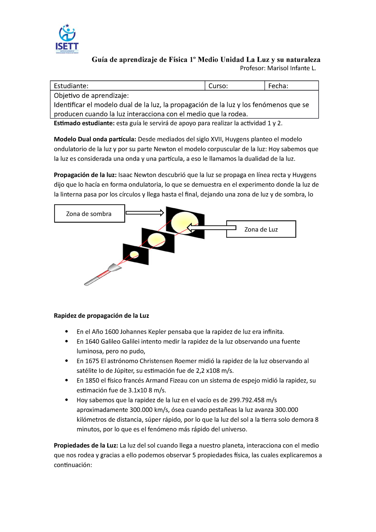 Guía de aprendizaje de Física 1º Medio Unidad La Luz y su naturaleza 1 -  Guía de aprendizaje de - Studocu