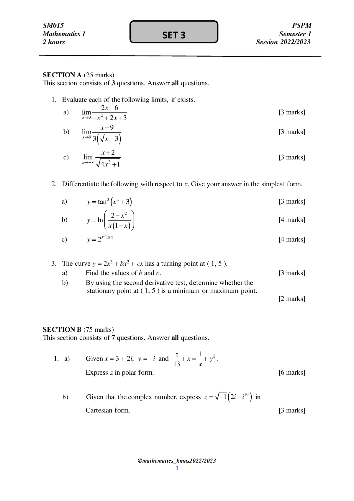 2223 PRE PSPM SM015 SET 3 (2)30 - Mathematics 1 Semester 1 2 hours ...