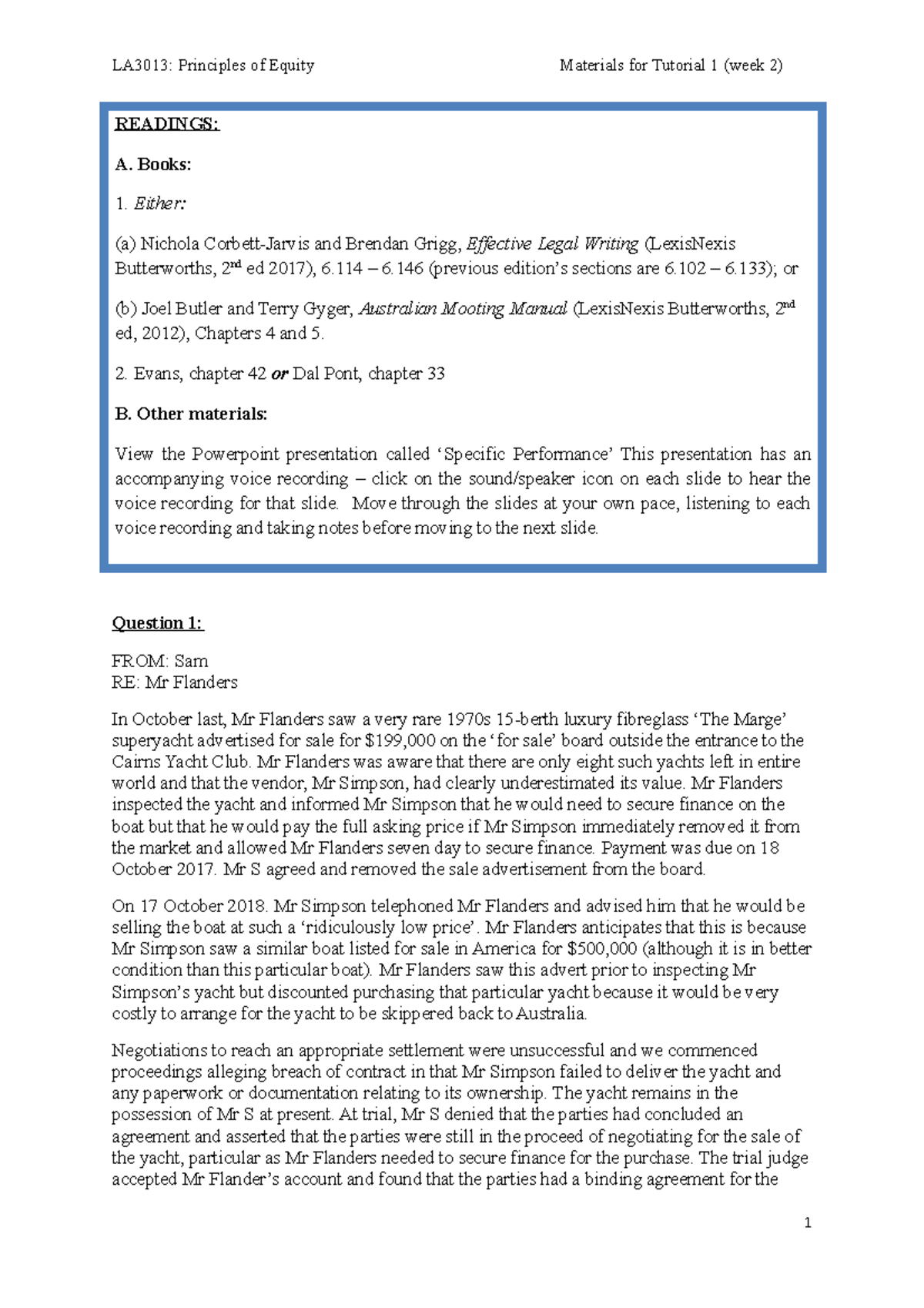 Tutorial 1 Equitable Remedies - LA3013: Principles of Equity Materials ...