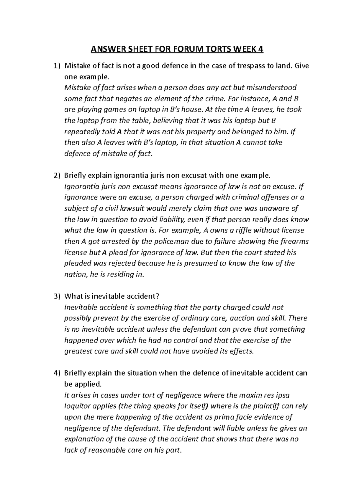 Answer Sheet FOR Forum Torts WEEK 4 - ANSWER SHEET FOR FORUM TORTS WEEK ...