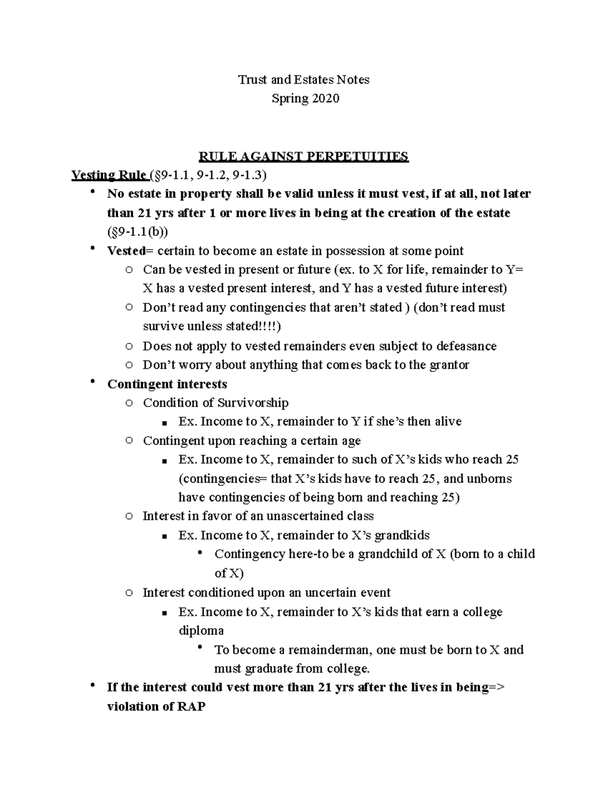 RULE Against Perpetuities - Trust and Estates Notes Spring 2020 RULE ...