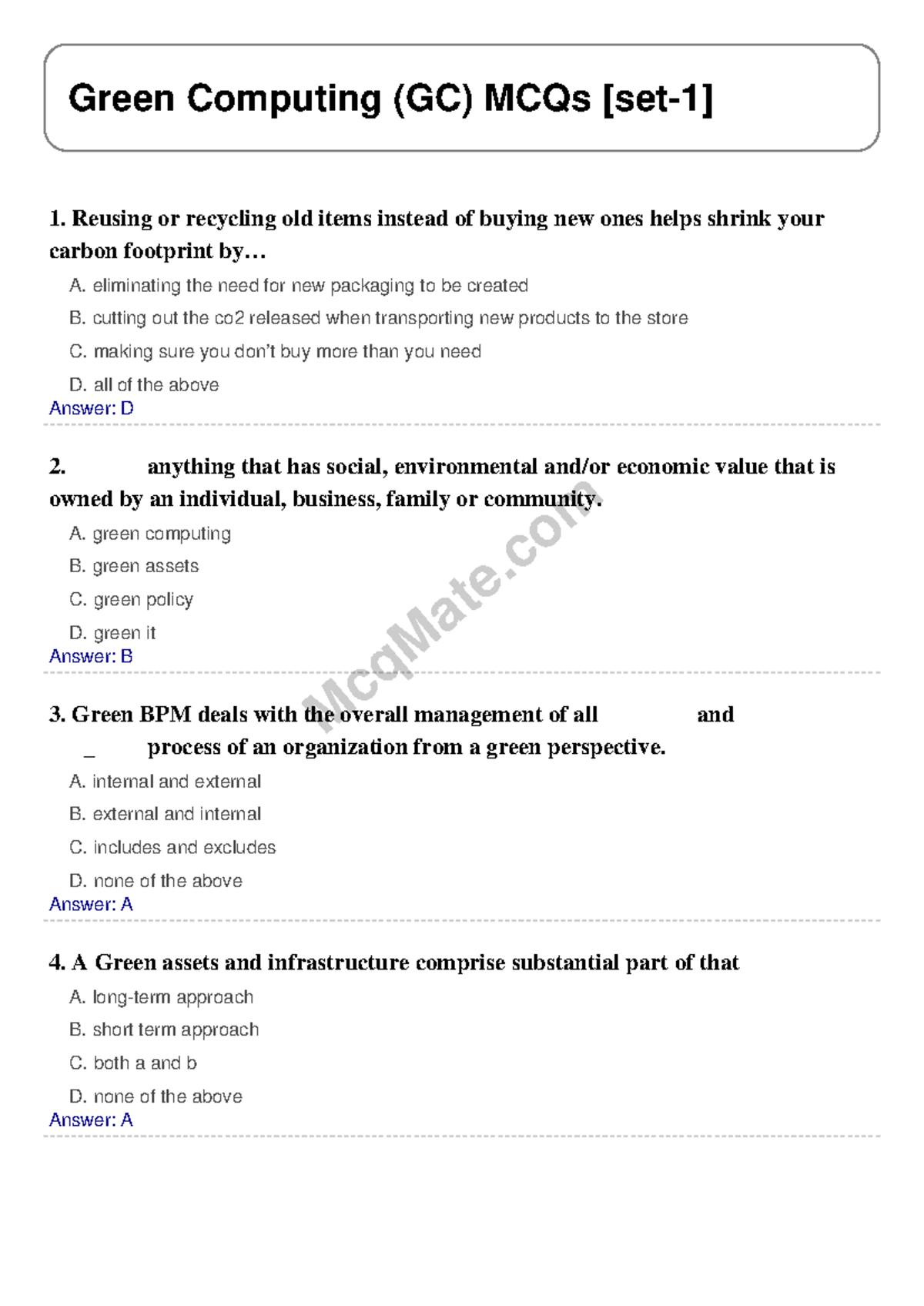 Green Computing (GC) Solved MCQs [set-1] Mcq Mate.com - McqMate Green ...