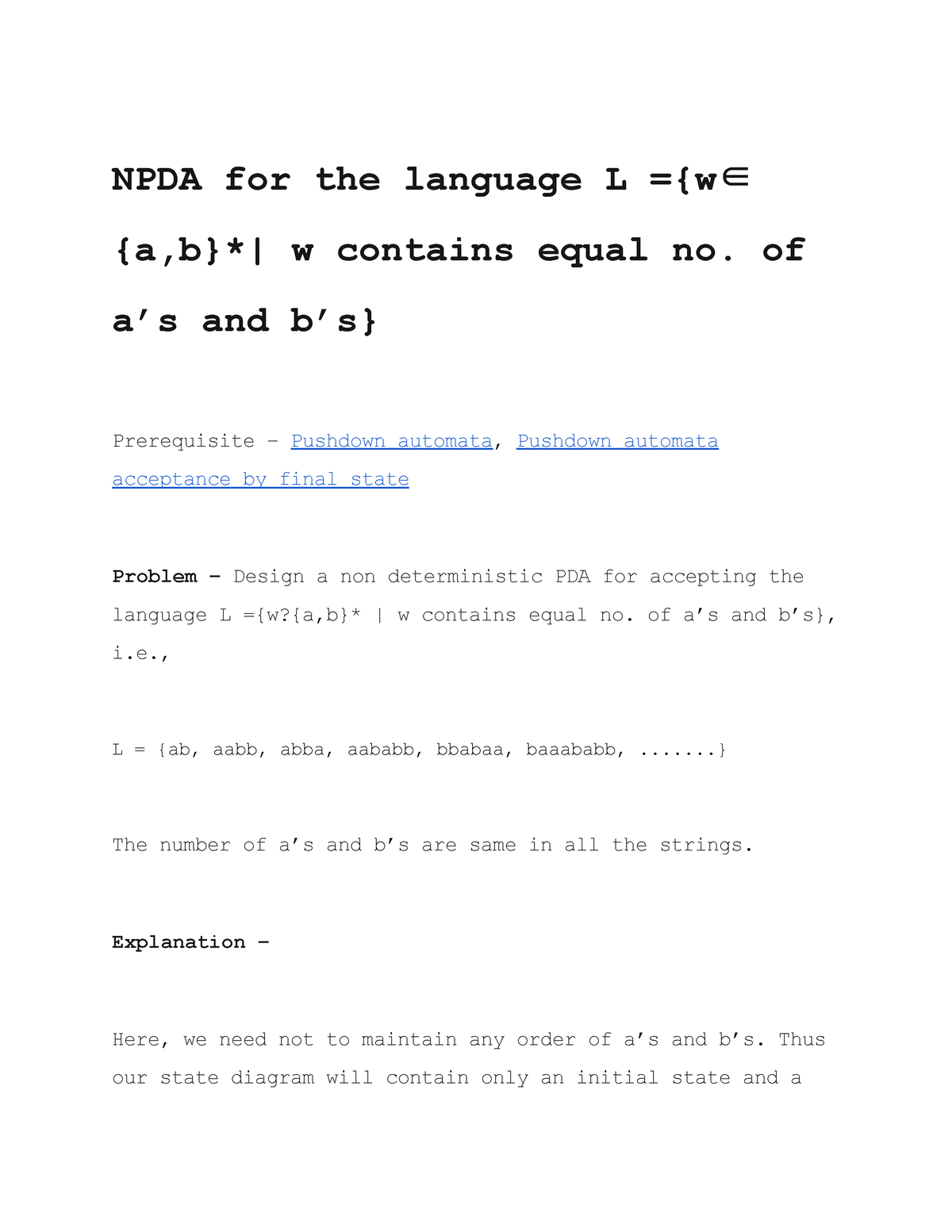 Question BANK – 4(Part 02) - NPDA For The Language L ={w∈ {a,b}*| W ...